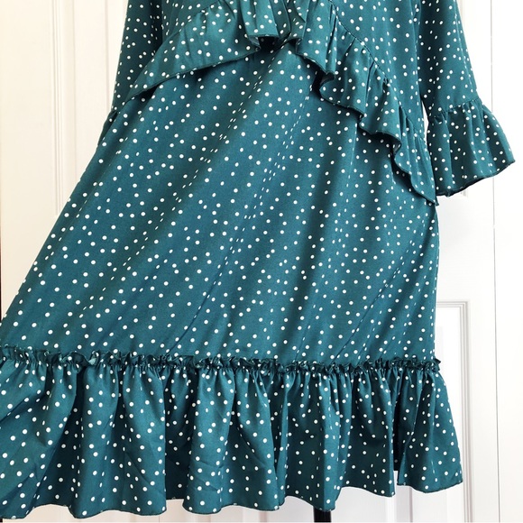 Feminine Teal Green & White Polka Dot Ruffle Trim Mini Dress - Picture 11 of 16